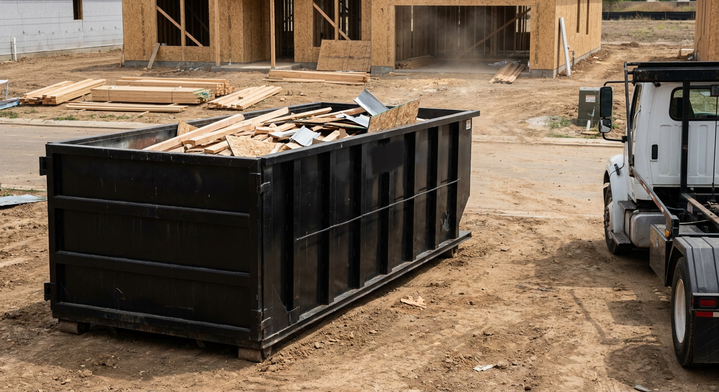 Matte-black 20-yard roll-off construction dumpster with heavy ribbed steel sidewalls and swing rear doors at a working jobsite in San Francisco, sitting directly on compacted dirt with an unmarked white hauler partially visible at the far edge of the frame.