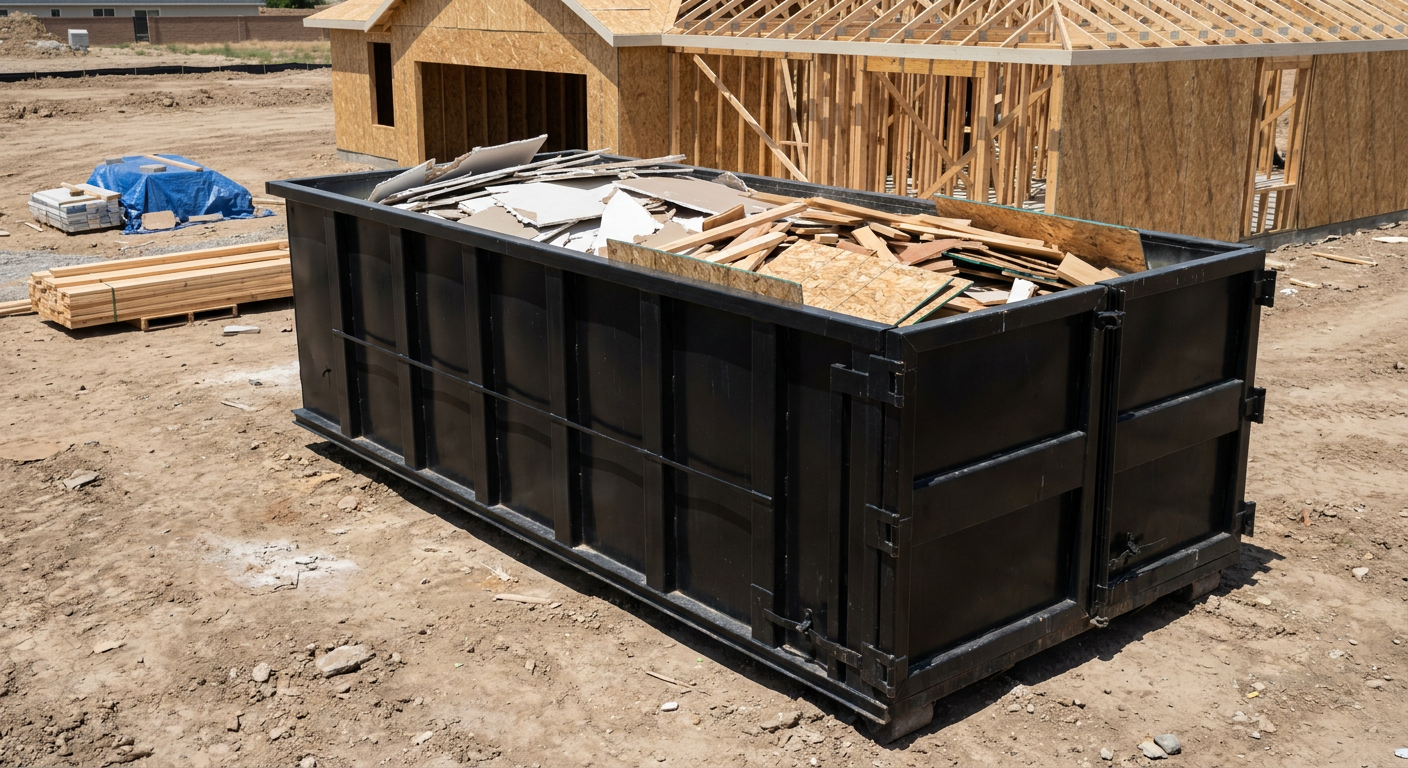 Matte-black 30-yard roll-off construction dumpster sitting directly on the compacted-dirt site of a framed single-family home build in San Francisco, drywall and lumber scrap loaded inside.
