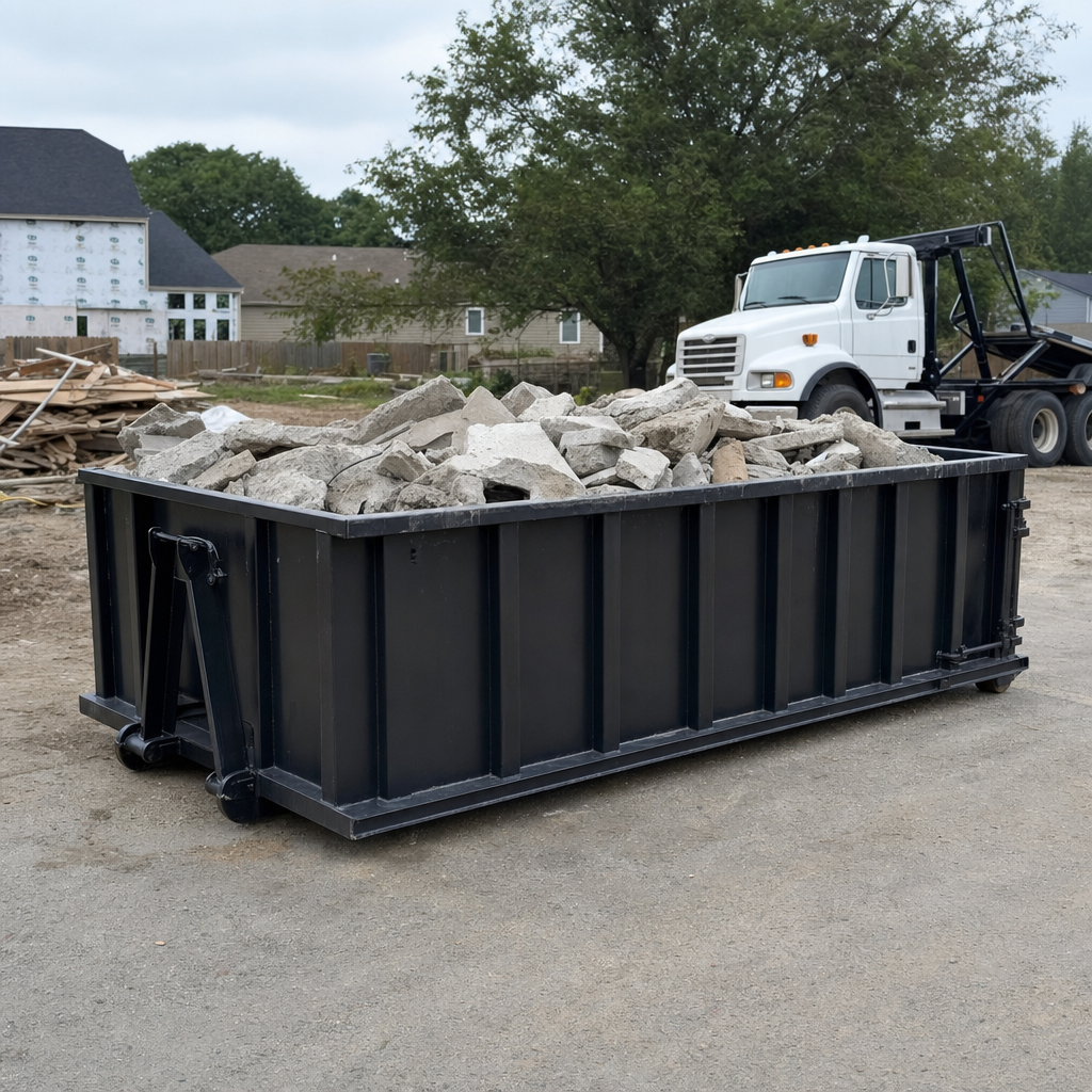 Low-profile matte-black lowboy roll-off dumpster loaded with broken concrete slab and rebar at a foundation tear-out in San Francisco, skid steer parked beside it, sunny Colorado morning