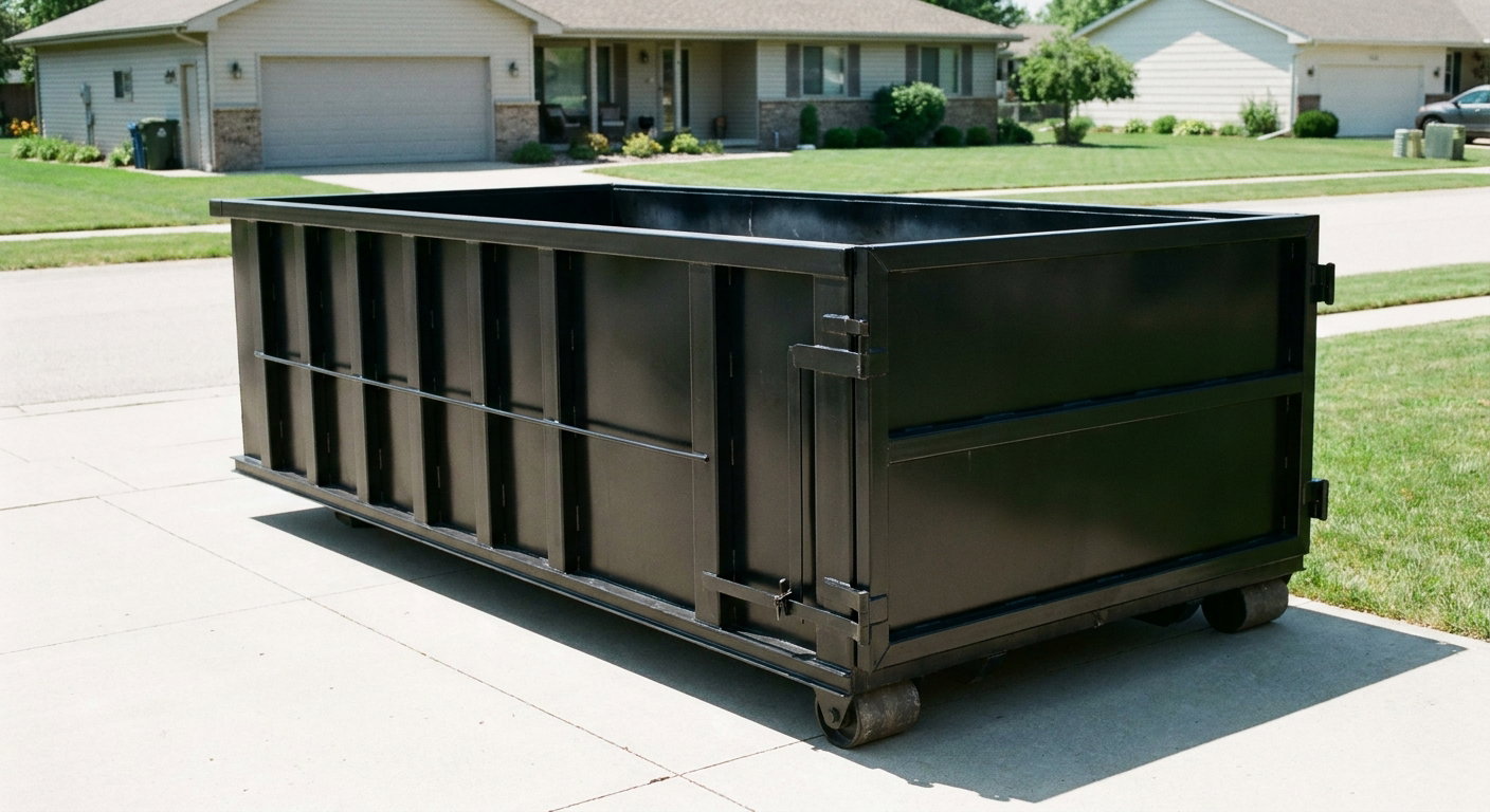 Matte-black 10-yard roll-off dumpster on a residential concrete driveway in San Francisco, uniformly painted matte black across every panel and rail, ribbed steel sidewalls and rear swing door visible, mid-day daylight.