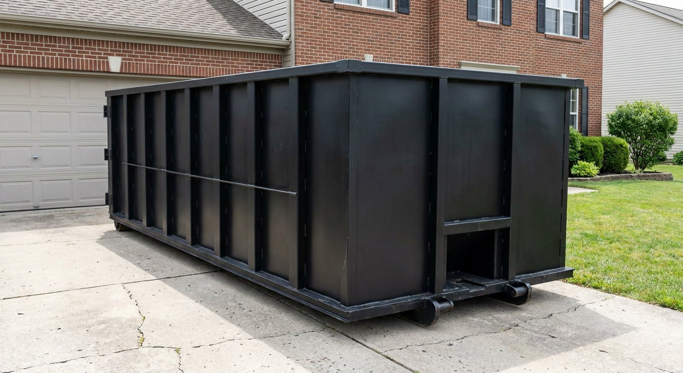 Matte-black 20-yard roll-off container on a San Francisco residential concrete driveway with reinforced ribbed steel sidewalls and a hinged rear walk-in door, clean bright daylight.