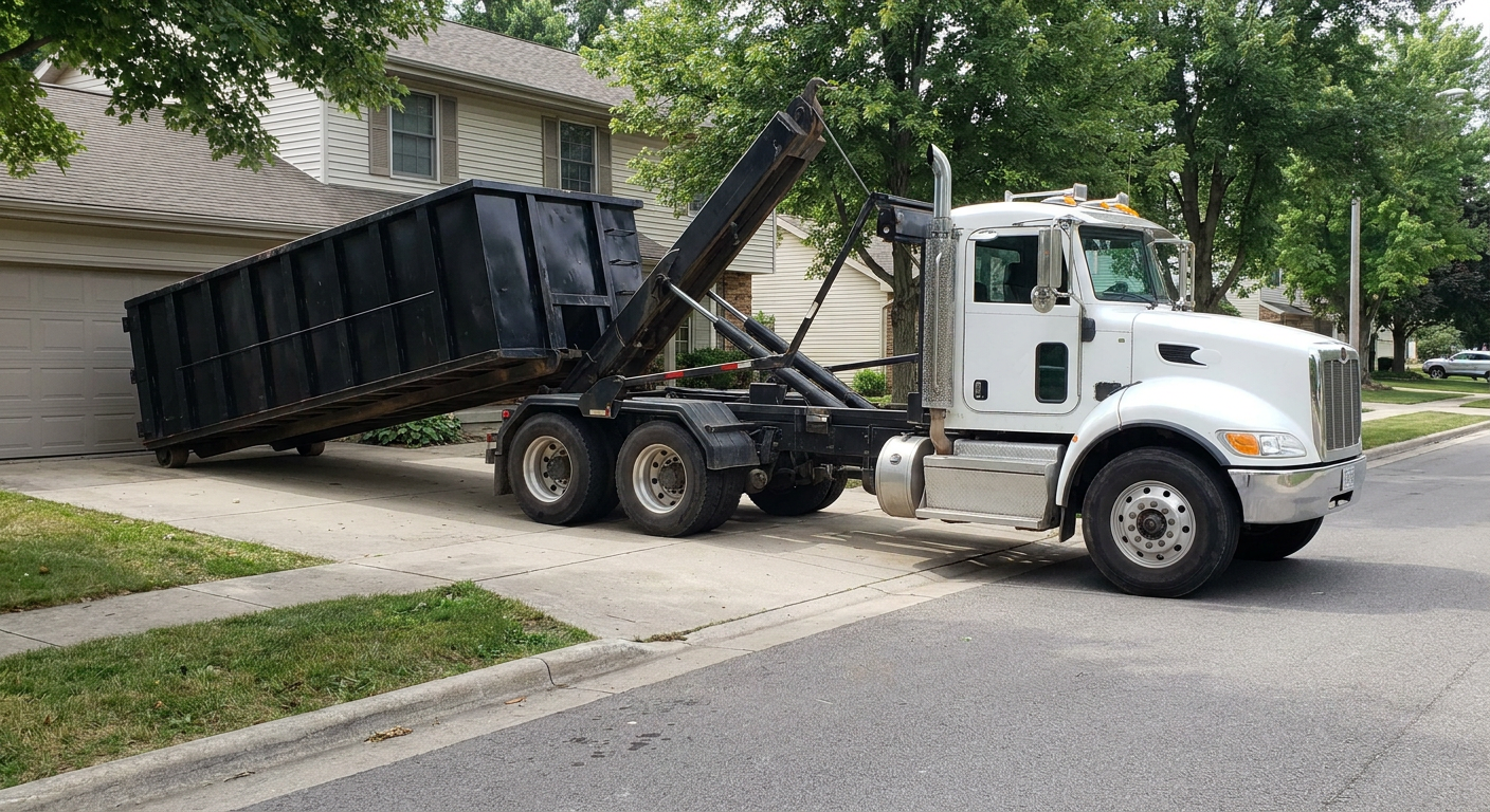 White-cab hooklift roll-off truck actively lowering a matte-black dumpster onto a San Francisco residential concrete driveway, the dumpster's rear wheels touching the driveway as the hoist arm tilts the bed forward, mid-morning daylight.