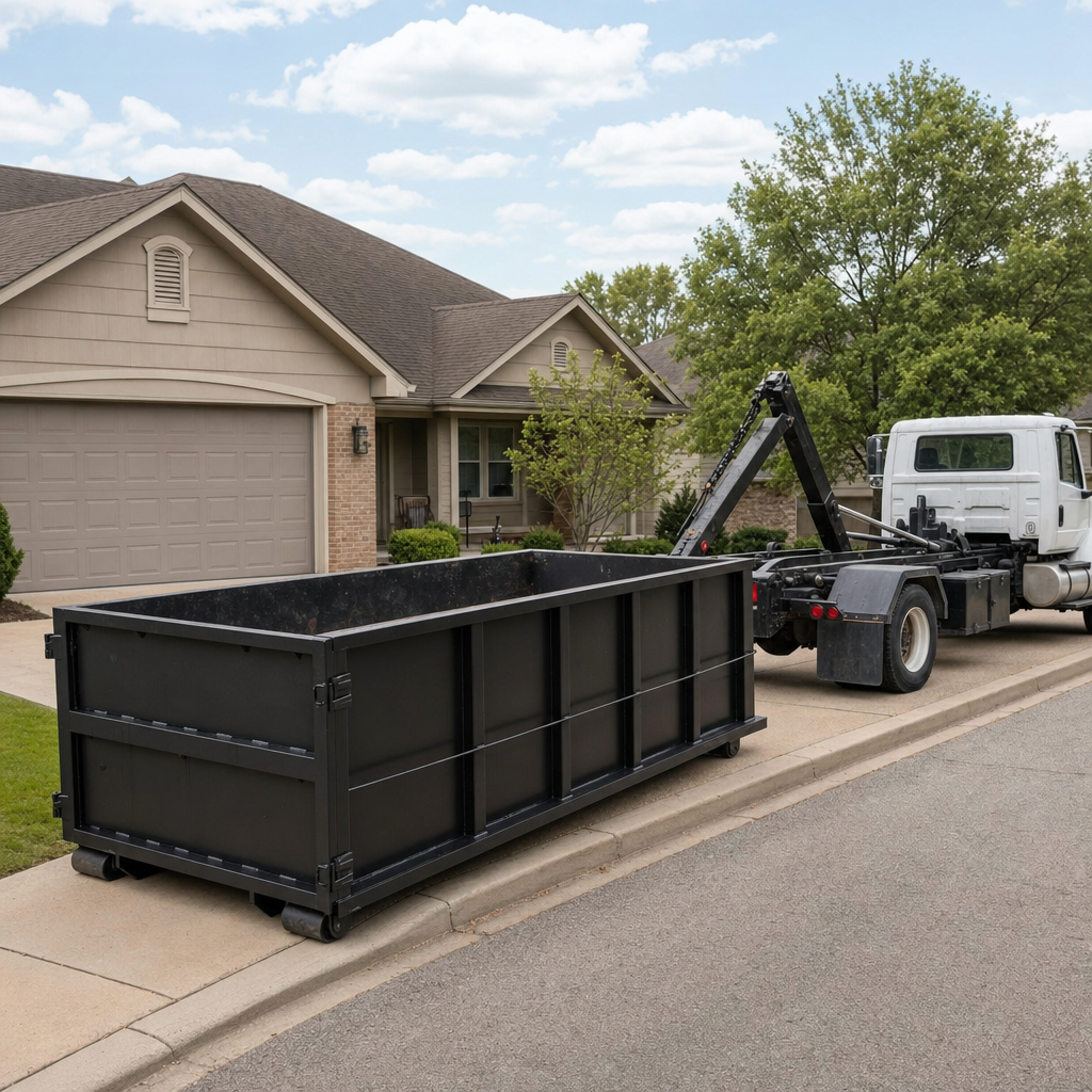 Wide documentary shot of a matte-black roll-off dumpster on a San Francisco residential driveway in the foreground and a contractor jobsite container in the soft-focus background, bright daylight, calm and orderly composition.