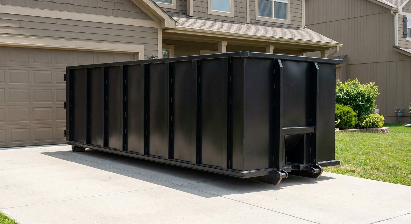 Matte-black residential roll-off dumpster sitting directly on a suburban San Francisco concrete driveway, garage door closed, single-family home in background, bright morning daylight.