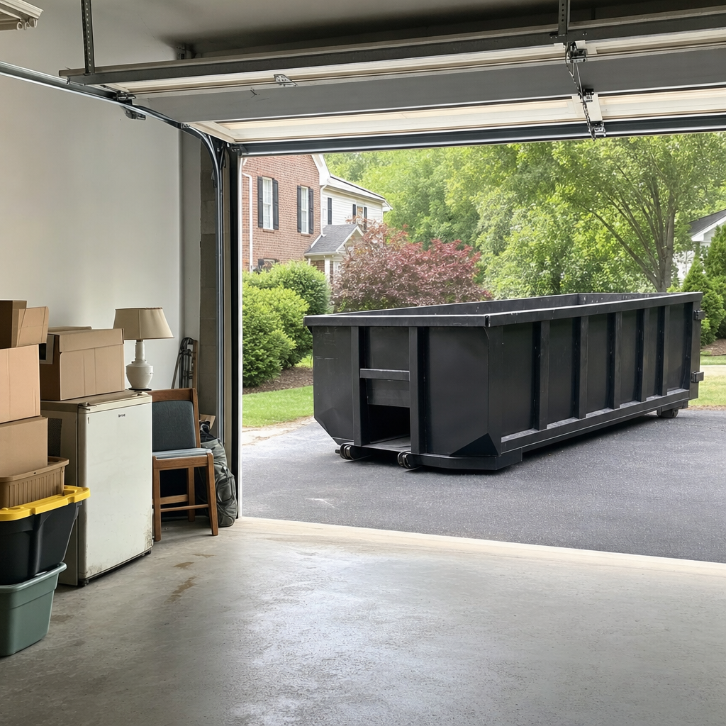 Open garage interior in a San Francisco home mid-cleanout — boxed items, an old appliance, and stacked yard tools queued near the driveway for a matte-black roll-off dumpster, organized and calm