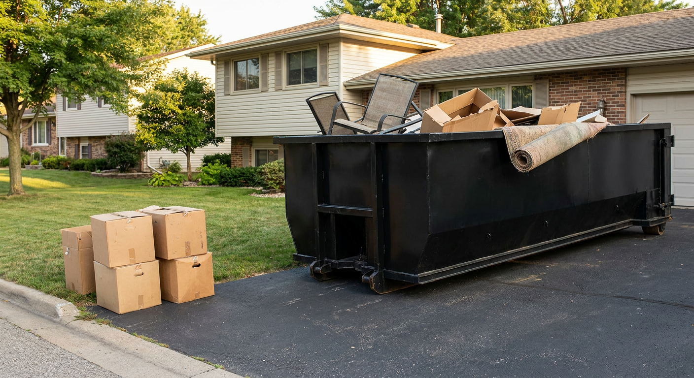 Front-yard view of a San Francisco split-level home with a 20-yard matte-black roll-off dumpster sitting directly on the asphalt driveway, a few clearly labeled donation boxes staged at the curb, calm sunny afternoon.