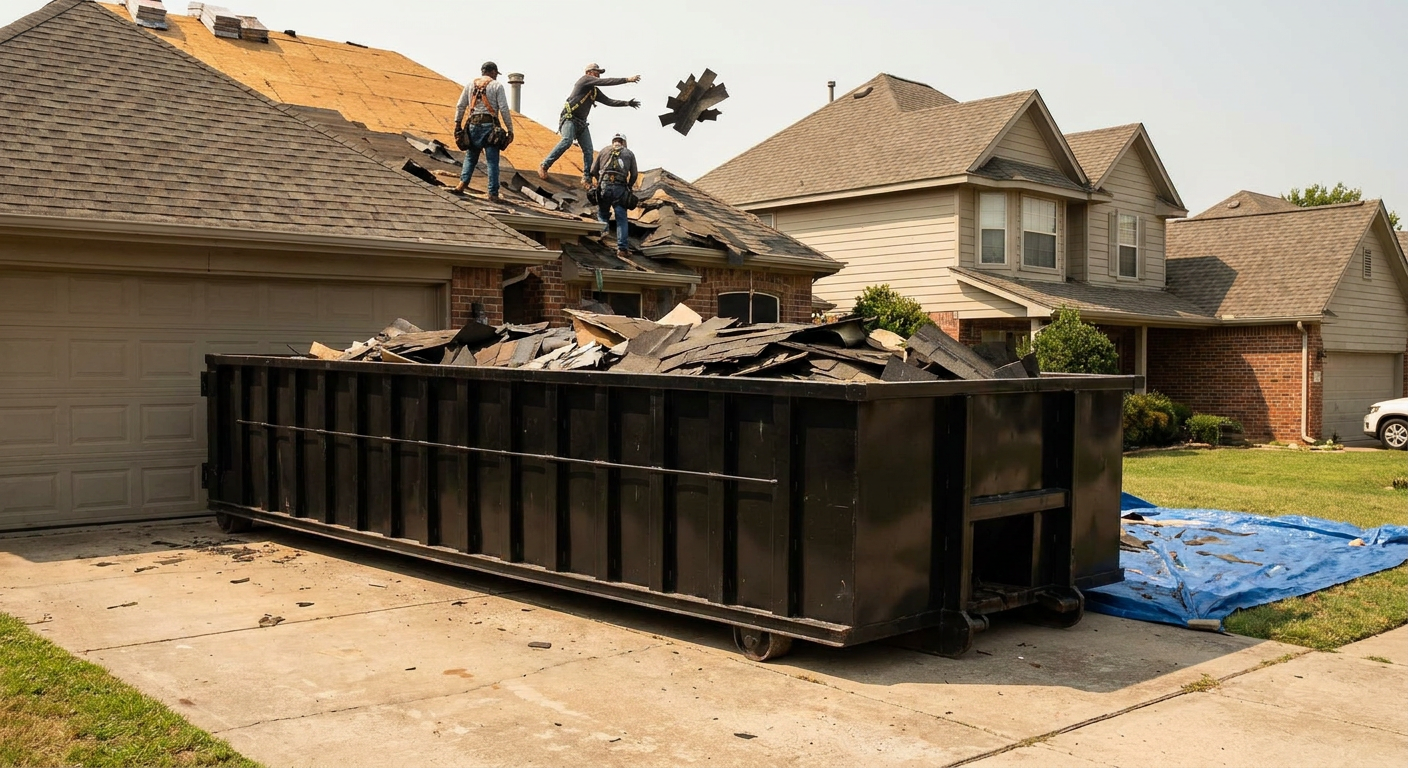 Matte-black roofing roll-off dumpster placed directly on a San Francisco residential concrete driveway, a tear-off crew on a two-story asphalt-shingle roof tossing shingle bundles into the low-walled container, bright daylight, documentary 35mm perspective.