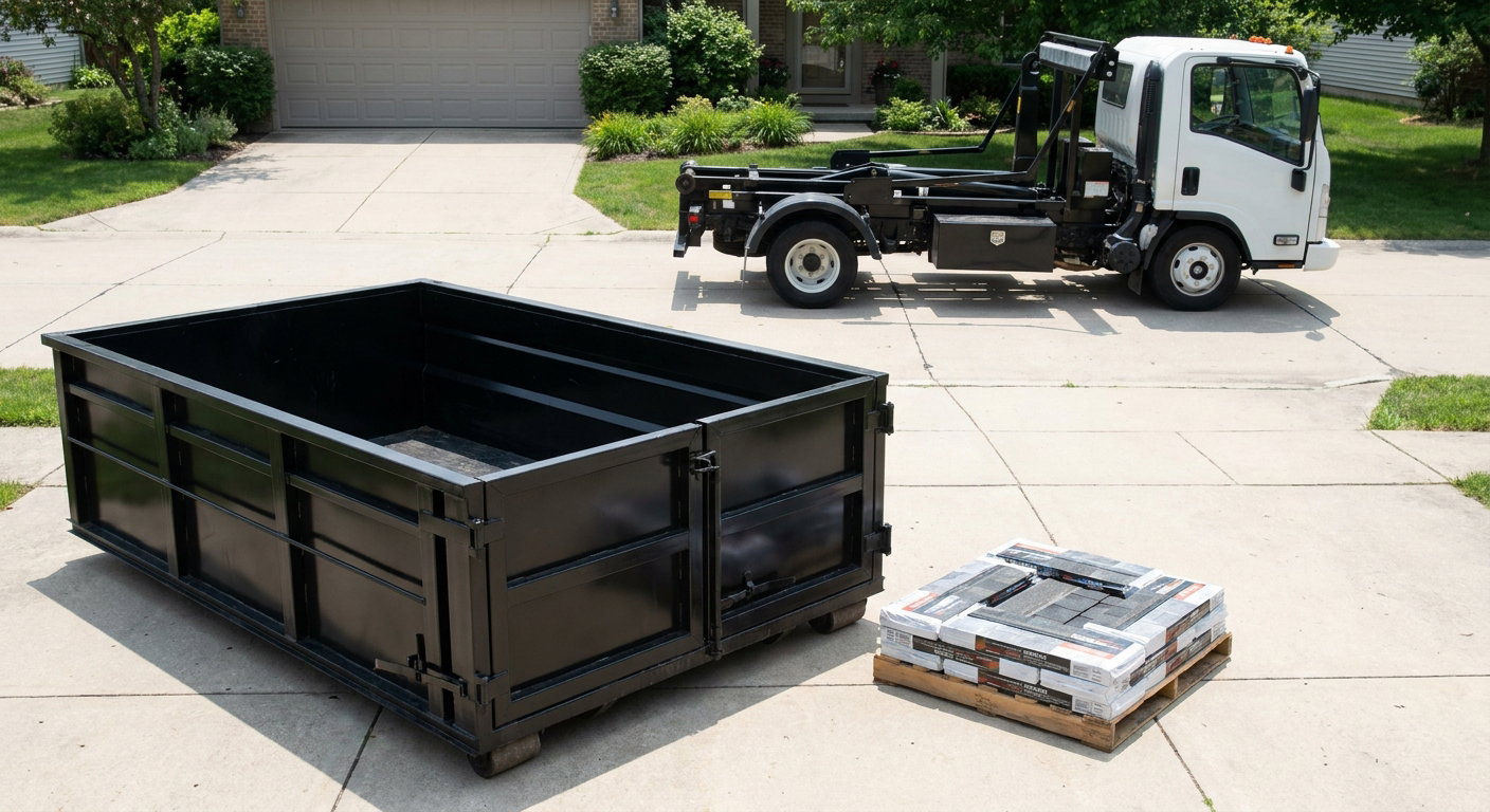 Matte-black 15-yard roofing roll-off dumpster with reinforced low side walls sitting directly on a San Francisco residential concrete driveway, three-tab asphalt shingle bundles stacked nearby, an unmarked white hauler truck partially visible at the edge of the frame.