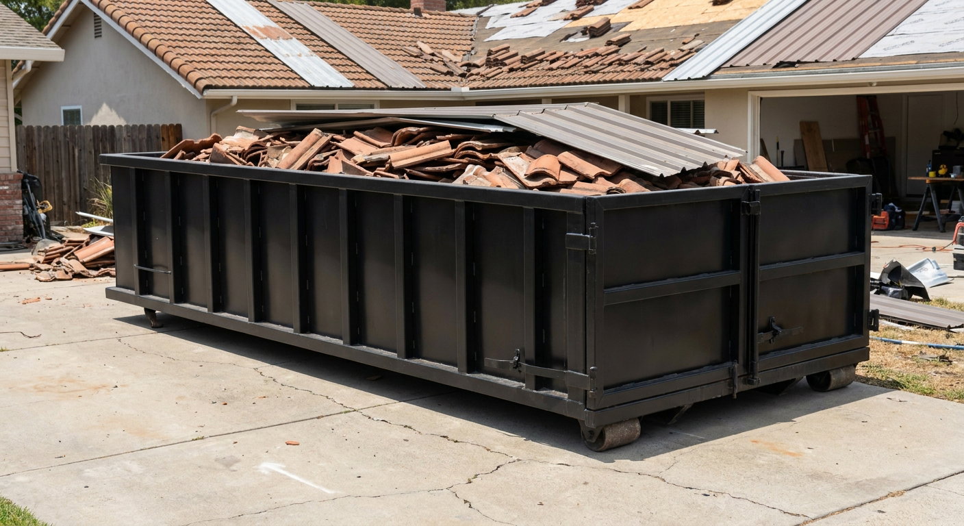 Matte-black low-wall heavy-debris roofing roll-off dumpster sitting directly on a San Francisco concrete driveway, broken concrete clay roof tiles and metal panel sections loaded inside, reinforced ribbed steel side walls visible, bright outdoor daylight.