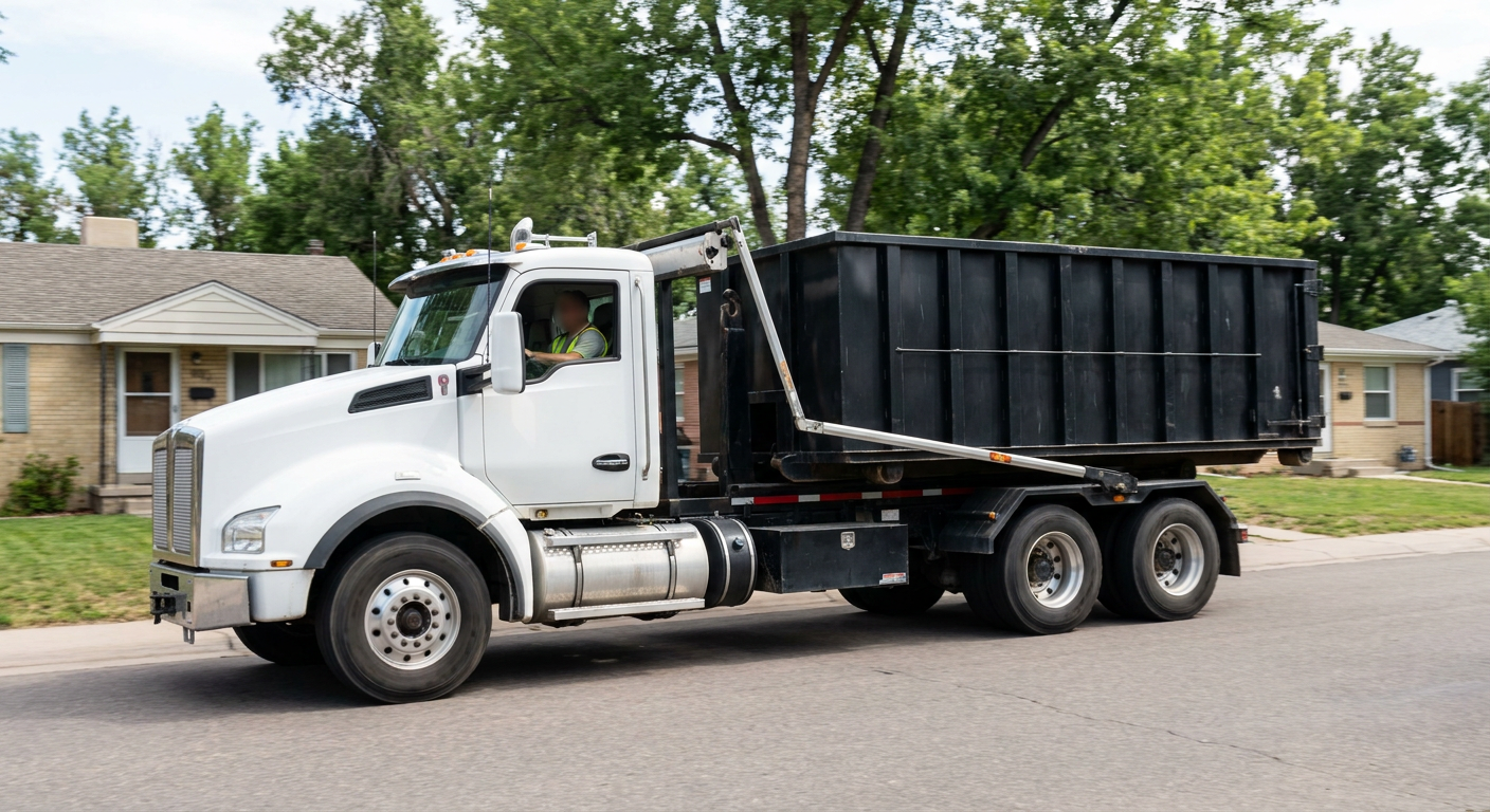 A wide documentary shot of a matte-black roll-off delivery truck pulling onto a quiet San Francisco residential street at mid-morning, with neighborhood rooftops and tree-lined blocks visible behind, showing the metro coverage footprint.