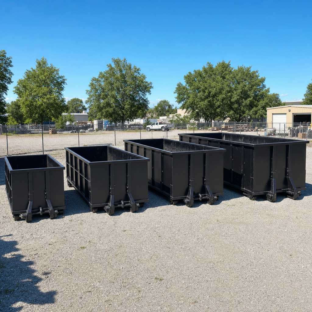 A clean lineup of matte-black roll-off dumpsters in 10, 20, 30, and 40-yard sizes staged on a sunlit gravel yard in San Francisco, showing the size progression from compact to commercial-scale containers.