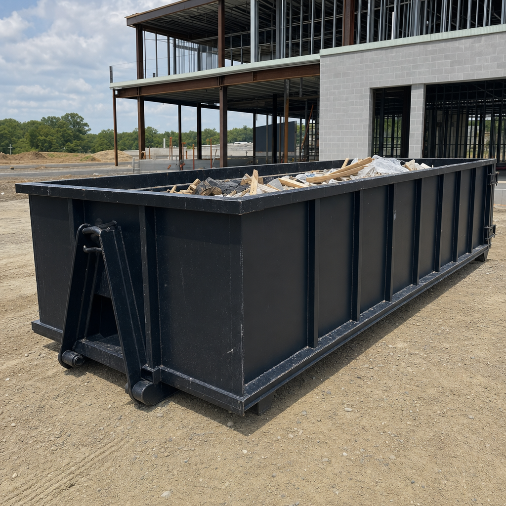 A matte-black 40-yard roll-off dumpster staged on a large San Francisco commercial construction lot, with a hooklift delivery truck parked alongside under bright midday sky.